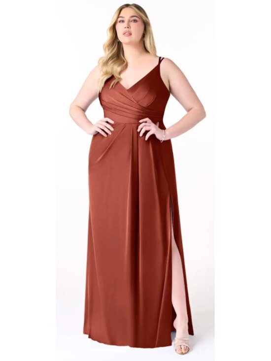 Azazie Dresses & Skirts - Azazie Terracotta Stretch Satin Formal Dress A22 Plus Size Slit V-Neck BNWT Prom
